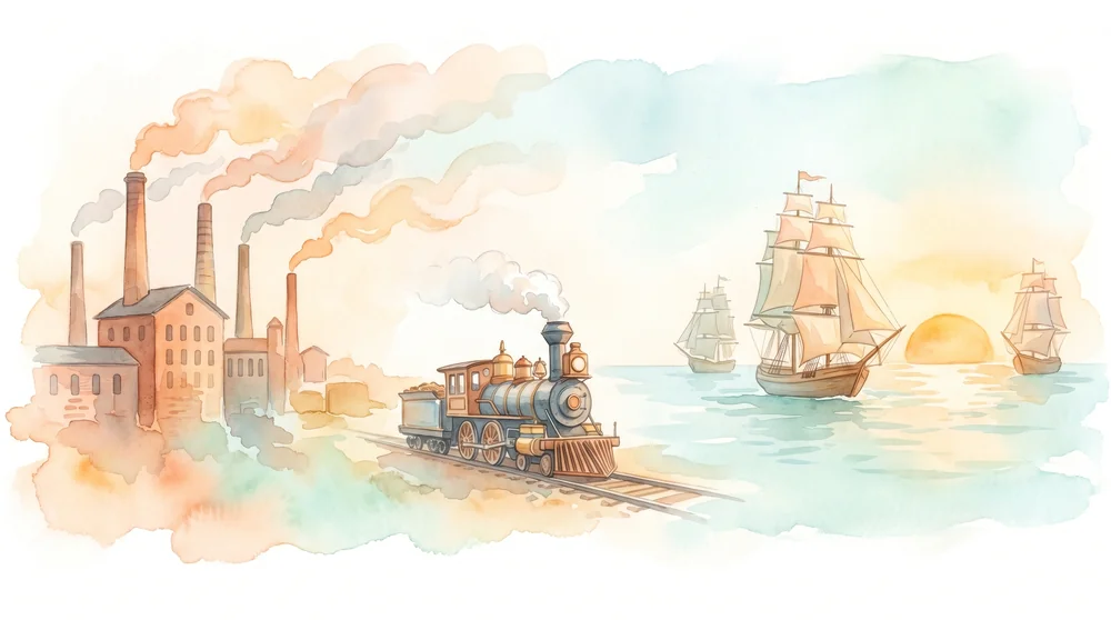 19세기 산업 혁명과 제국주의 시대 — 공장과 증기 기관차, 세계로 뻗어 가는 항로의 따뜻한 수채 풍경